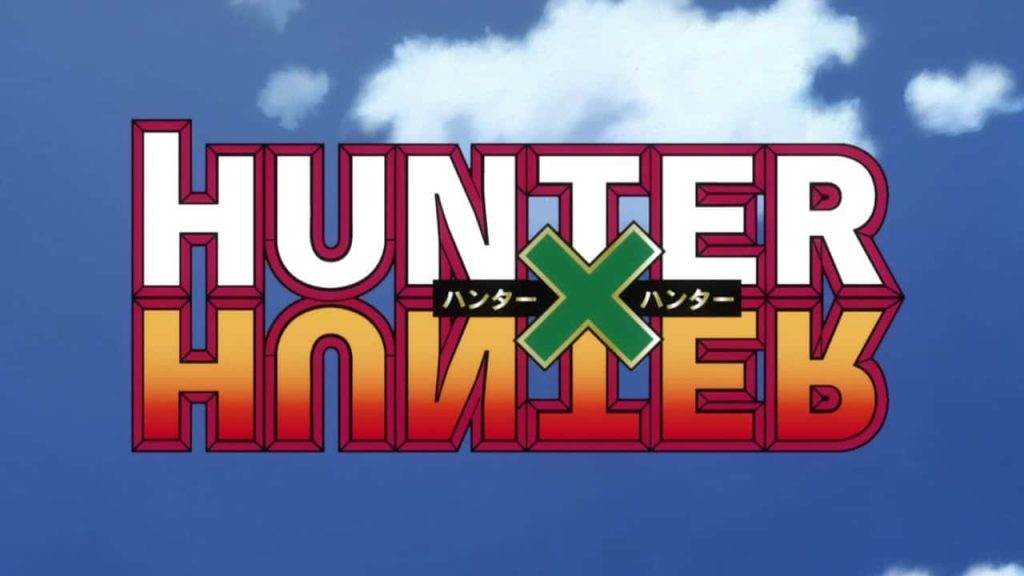 Hunter x Hunter wallpaper with bold logo green X red mirror text blue sky clouds background