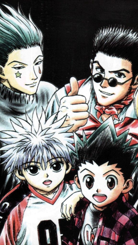Colorful Hunter x Hunter iPhone wallpaper featuring Gon Killua Hisoka and Leorio anime art