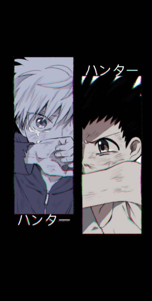 Hunter x Hunter emotional wallpaper with Gon and Killua crying split-screen anime art black background