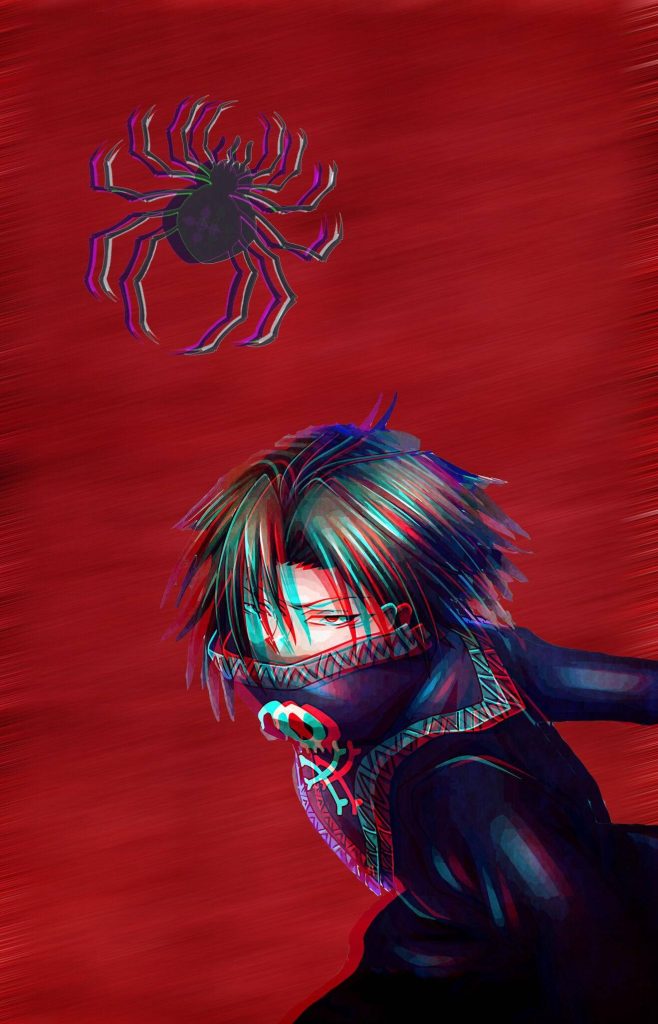 Hunter x Hunter Feitan phone wallpaper with chromatic glitch effect and spider emblem background