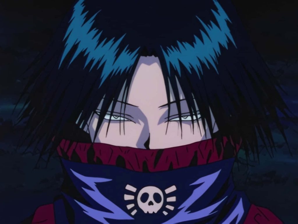 Hunter x Hunter Feitan Portor close-up with piercing eyes black hair and skull scarf wallpaper