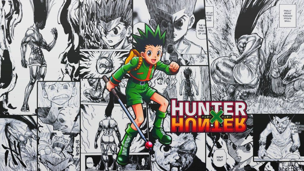 Young Gon Freecss with fishing rod against black and white Hunter x Hunter manga collage wallpaper
