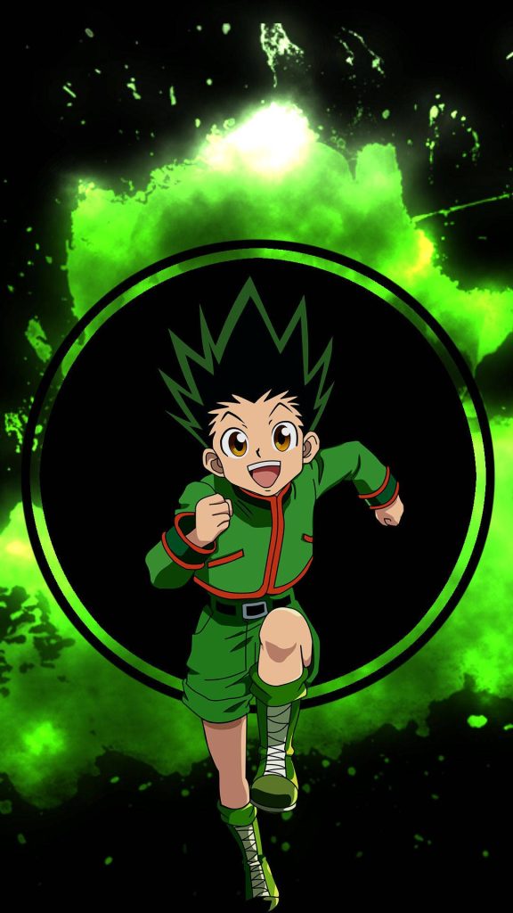 Hunter x Hunter phone wallpaper of energetic Gon Freecss running with neon green aura background