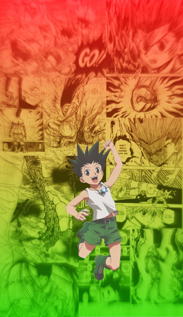Hunter x Hunter wallpaper showing cheerful Gon Freecss with intense Chimera Ant arc collage background