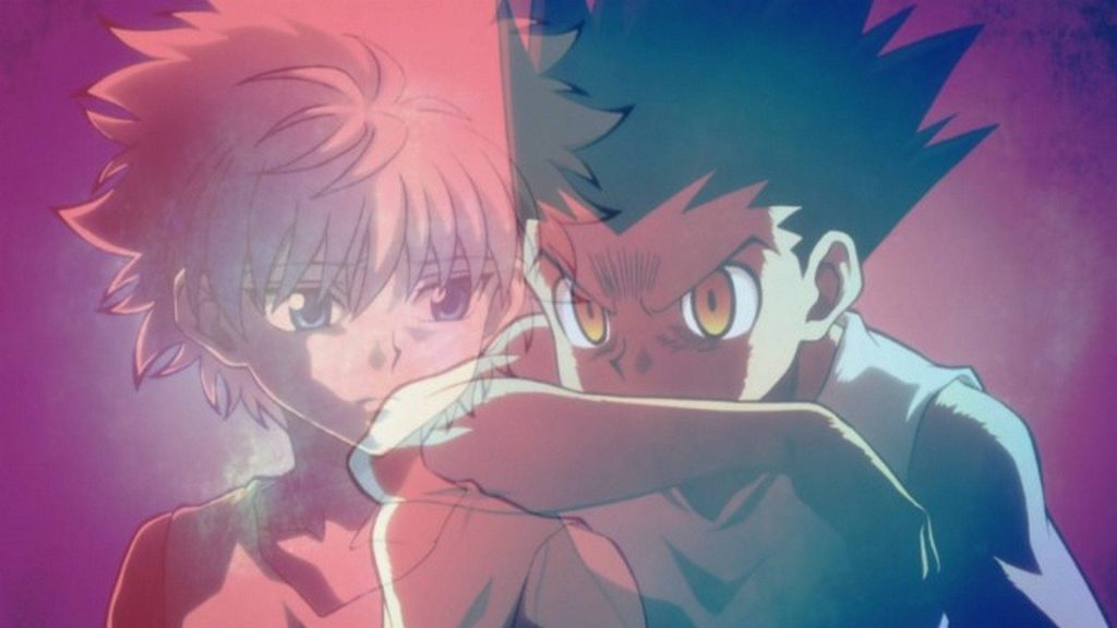 Hunter x Hunter wallpaper with intense Gon and melancholic Killua double-exposure art background
