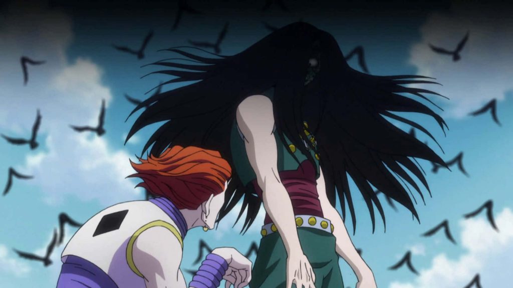 Hisoka Morow and Illumi Zoldyck anime wallpaper with flying birds Hunter x Hunter desktop background