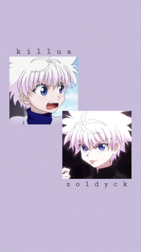 Hunter x Hunter wallpaper with cute Killua Zoldyck frames on soft lavender background