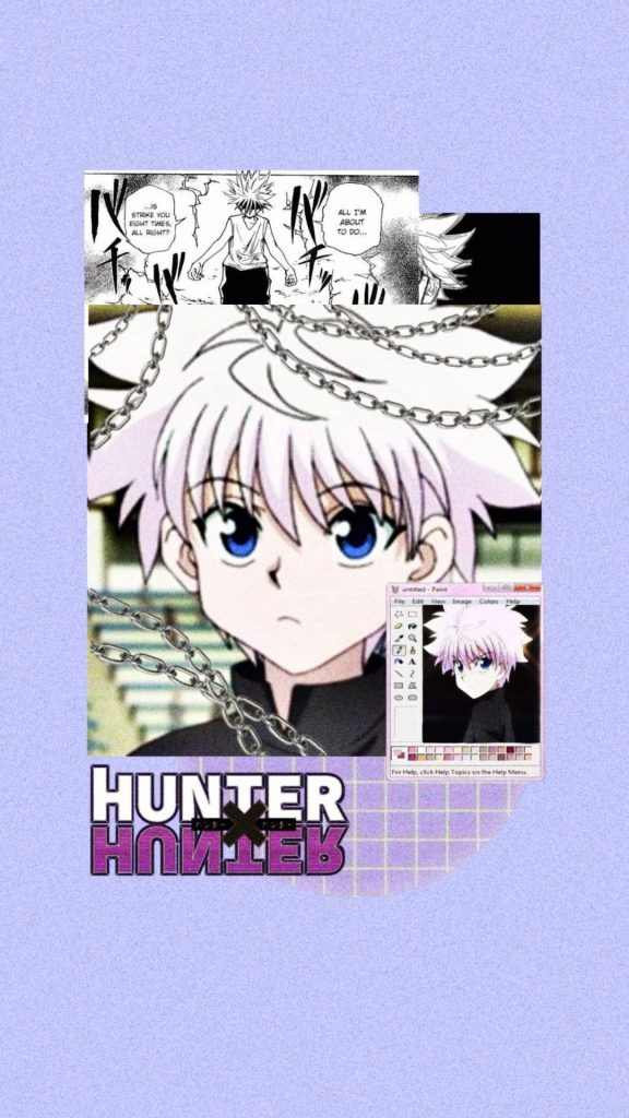 Hunter x Hunter Killua Zoldyck collage wallpaper purple grid anime manga chains background