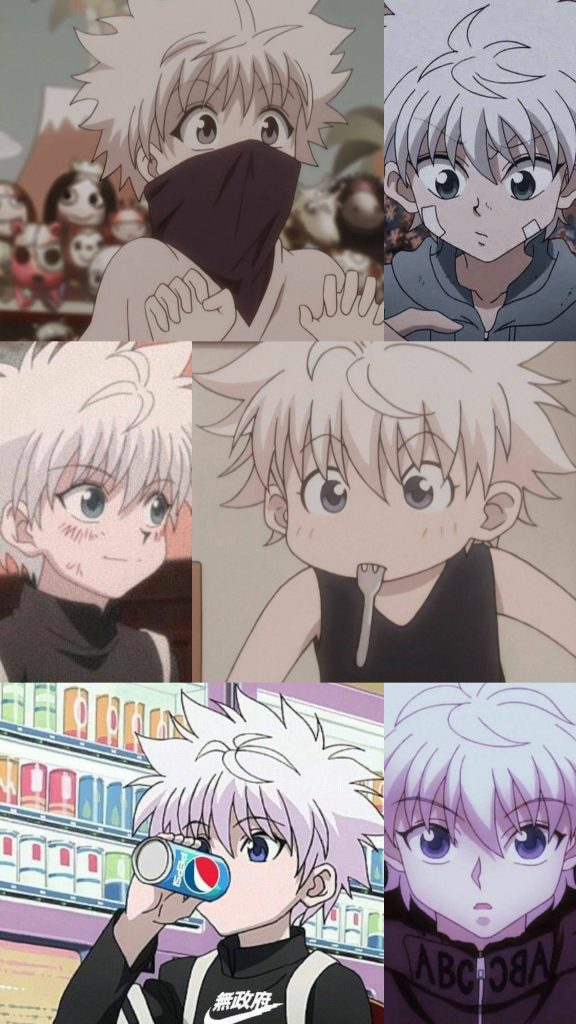 Killua Zoldyck Hunter x Hunter kawaii anime wallpaper collage with playful and iconic moments