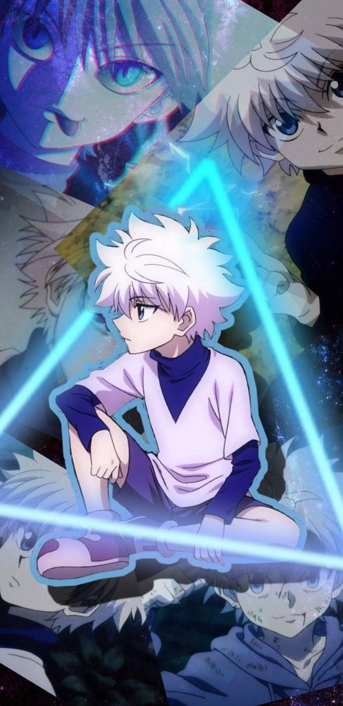 Hunter x Hunter Killua Zoldyck neon blue triangle collage wallpaper anime expressions background