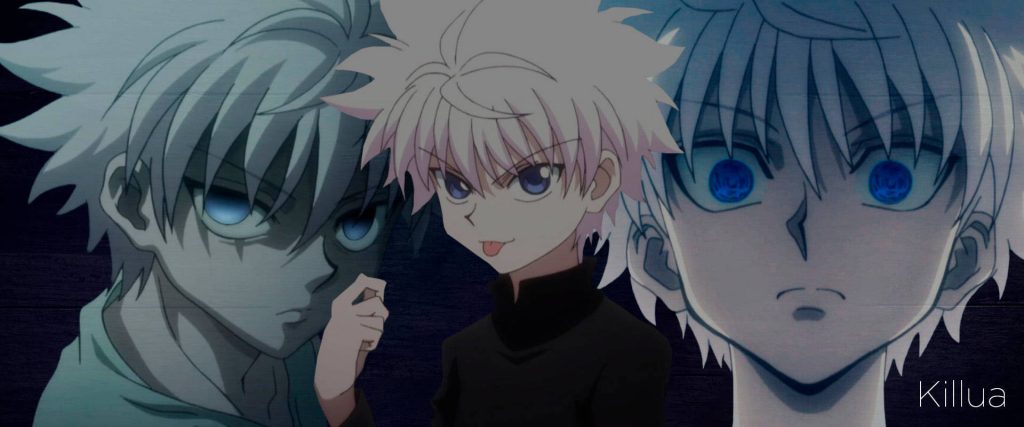 Hunter x Hunter Killua Zoldyck triple-panel anime wallpaper with glowing blue eyes and dark background