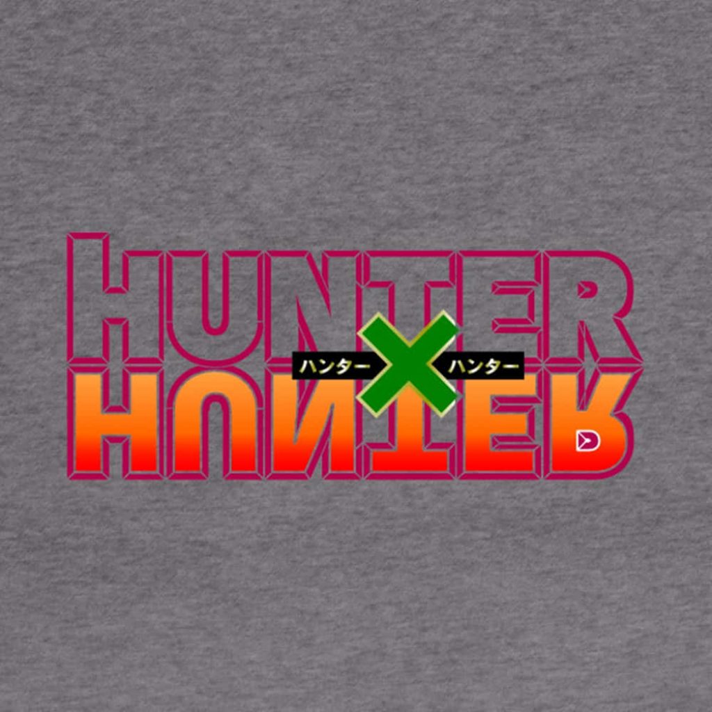 Hunter x Hunter logo wallpaper with red text green X Japanese Katakana on textured grey background