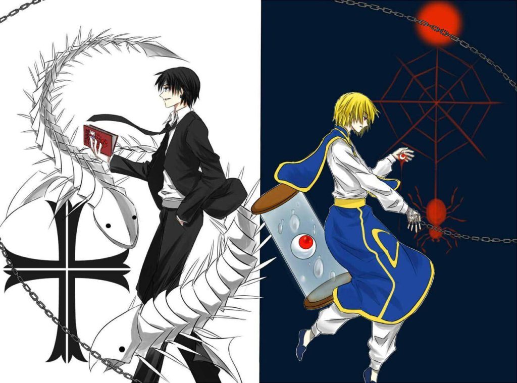 Hunter x Hunter wallpaper showing Chrollo Lucilfer in suit and Kurapika with chains and red eyes