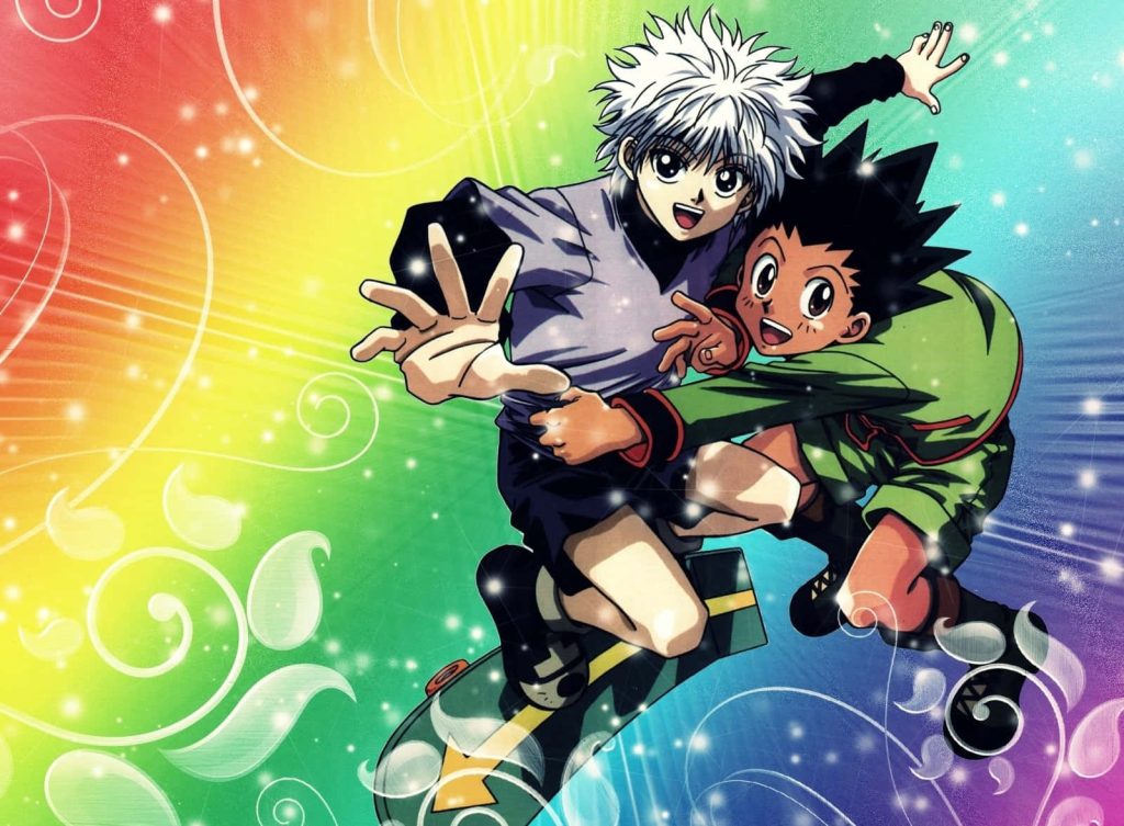 Hunter x Hunter wallpaper with smiling Gon Freecss and Killua Zoldyck on rainbow background