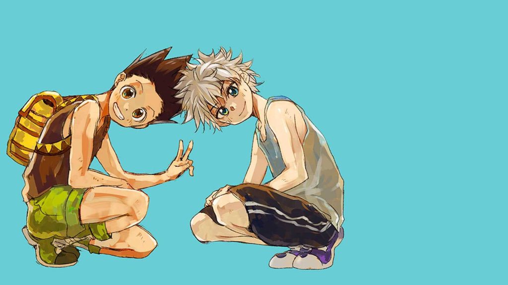 Hunter x Hunter wallpaper of Gon Freecss and Killua Zoldyck smiling on vibrant cyan background