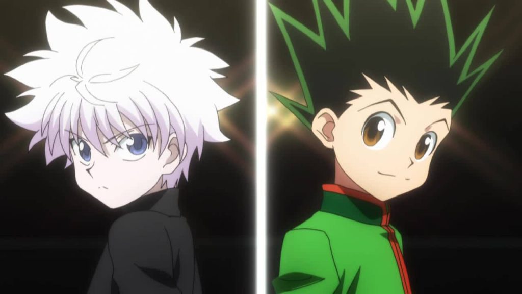 Hunter x Hunter wallpaper Gon Freecss green outfit Killua Zoldyck white hair split-screen anime