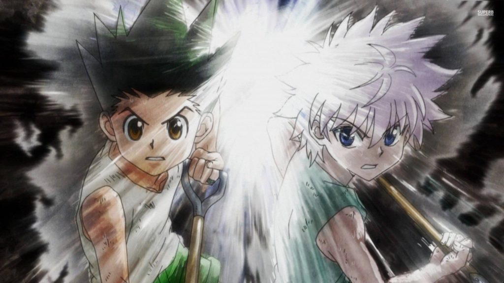 Hunter x Hunter wallpaper with Gon Freecss and Killua Zoldyck glowing intense digital art background