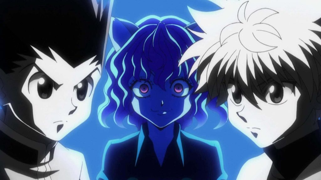 Hunter x Hunter wallpaper with Gon Killua and Neferpitou in intense blue anime art