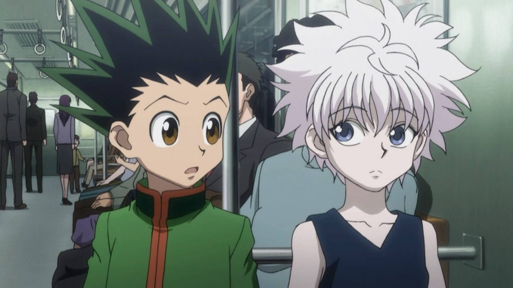 Hunter x Hunter wallpaper Gon Freecss Killua riding train vibrant anime background fan art