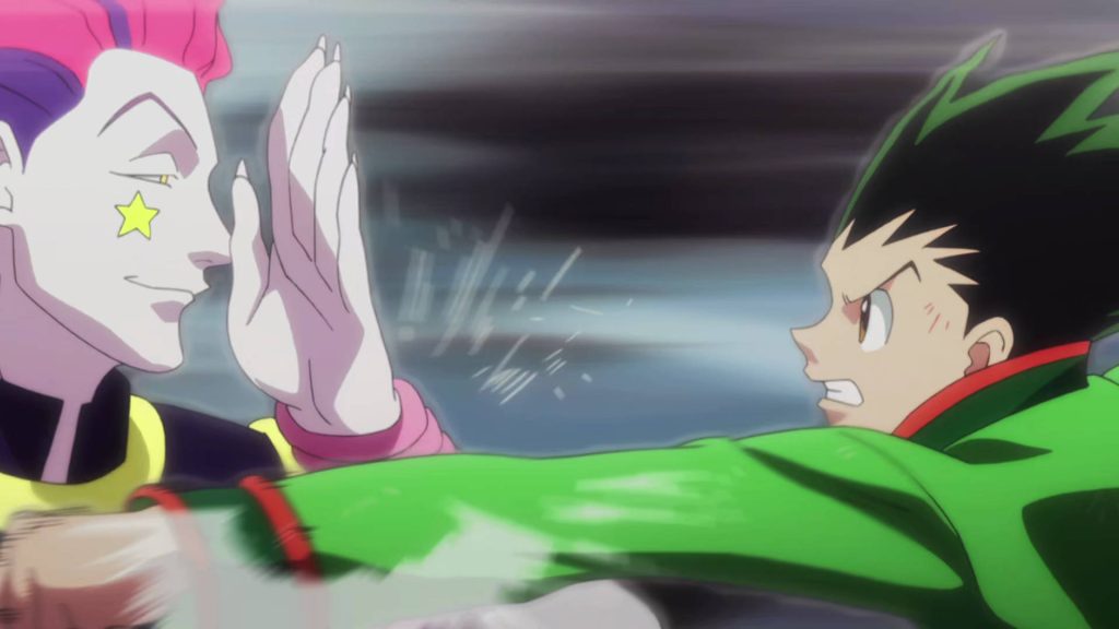 Hunter x Hunter wallpaper Gon punching Hisoka in fierce standoff dynamic anime rivalry scene