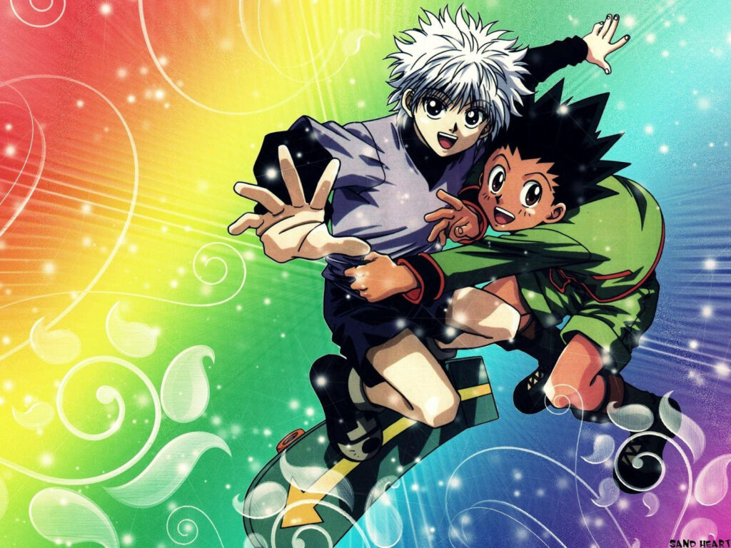 Radiant Smiles on a Colorful Canvas: Hunter × Hunter's Dynamic Duo, Killua Zoldyck and Gon Freecss, Bring Joy to Top Anime Fans Wallpaper