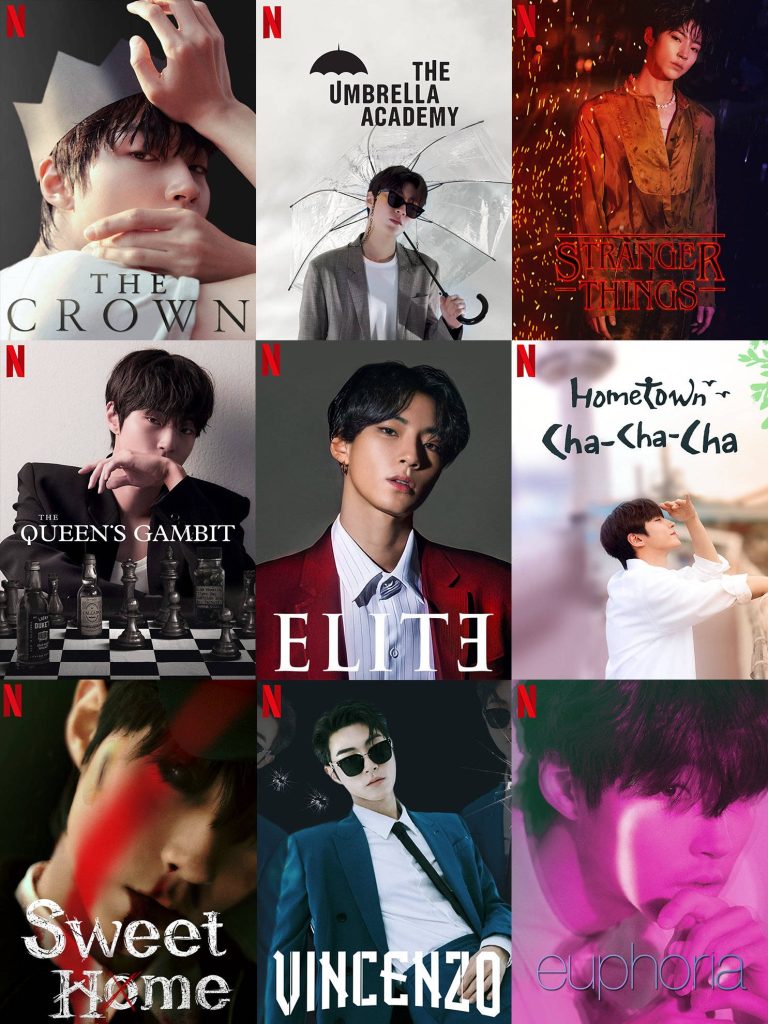 Hwang In-Yeop stylized 3x3 grid wallpaper inspired by Netflix hits The Crown Elite Stranger Things