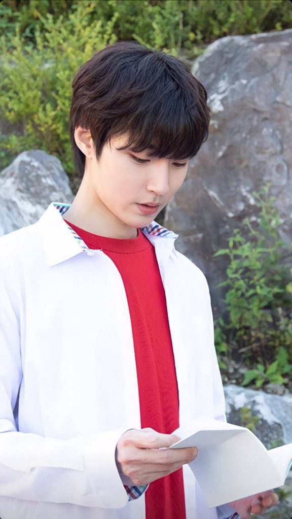 Hwang In-youp portrait in red t-shirt white shirt calm youthful look rocky outdoor background Wallpaper