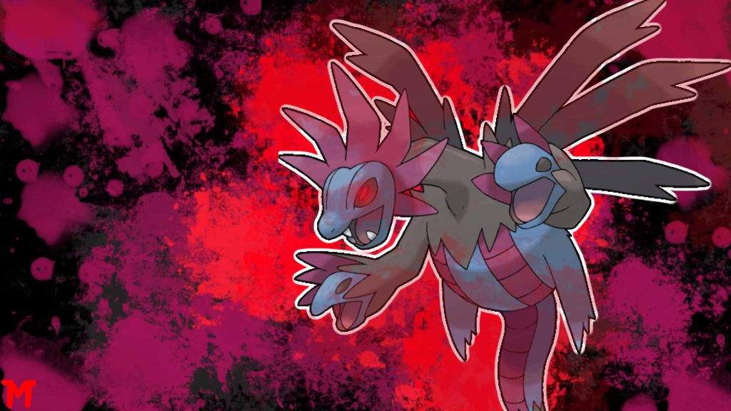 Hydreigon Dark Dragon Pokémon digital wallpaper with three-headed dragon and red black paint splatter