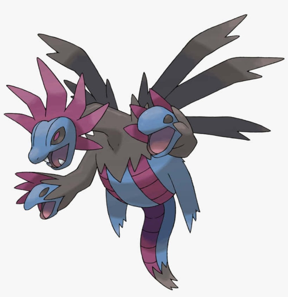 Hydreigon digital art wallpaper fierce Dark Dragon Pokemon blue skin pink crests black wings