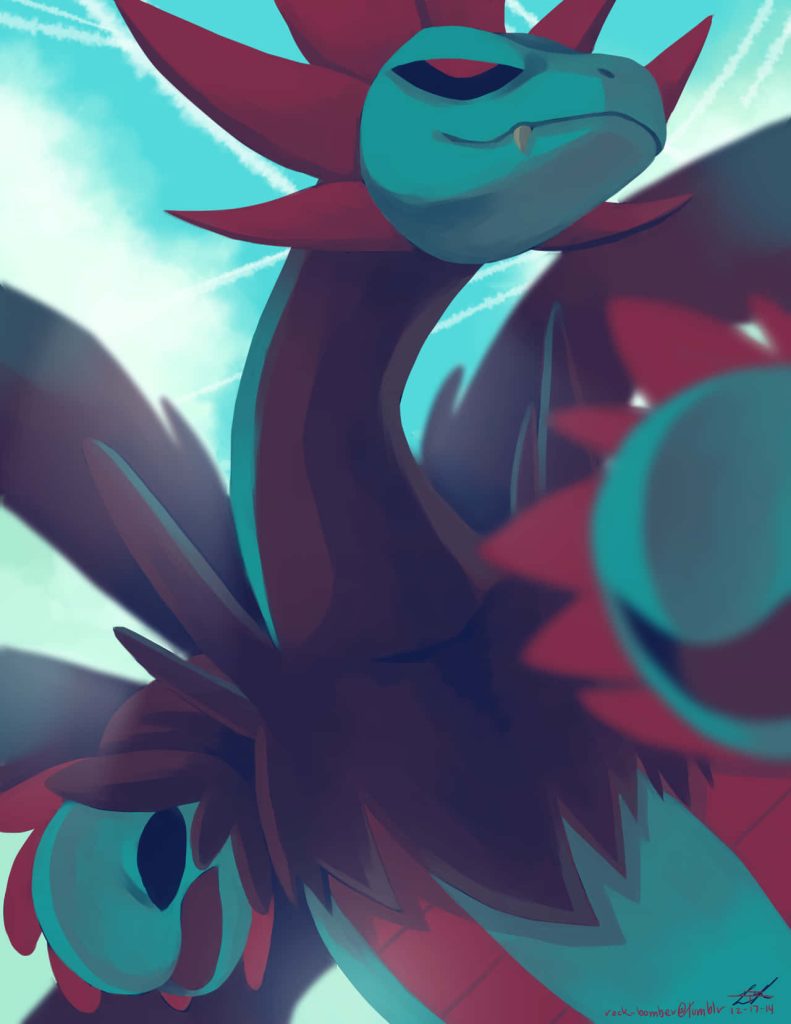 Low angle digital art of Hydreigon Pokémon with three heads red accents blue dragon dark type Wallpaper