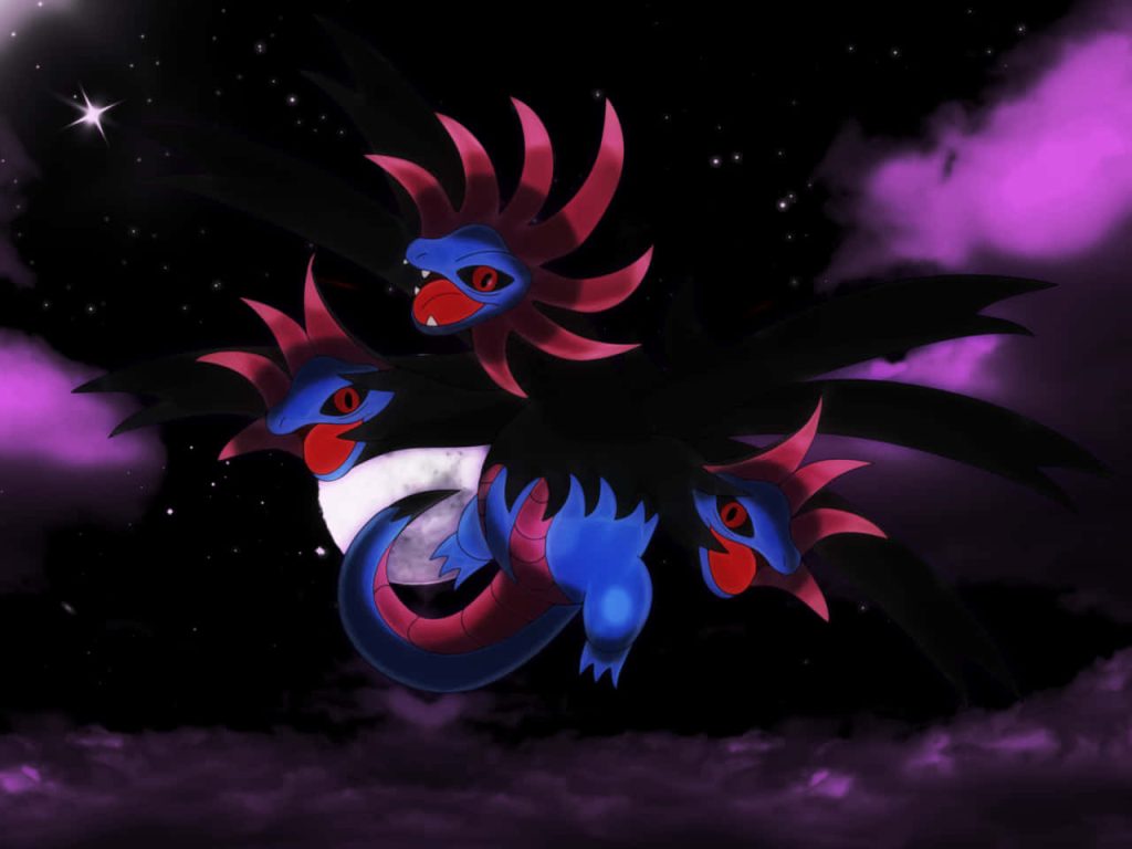 Hydreigon flying against dark starry sky with purple clouds and glowing moon wallpaper background
