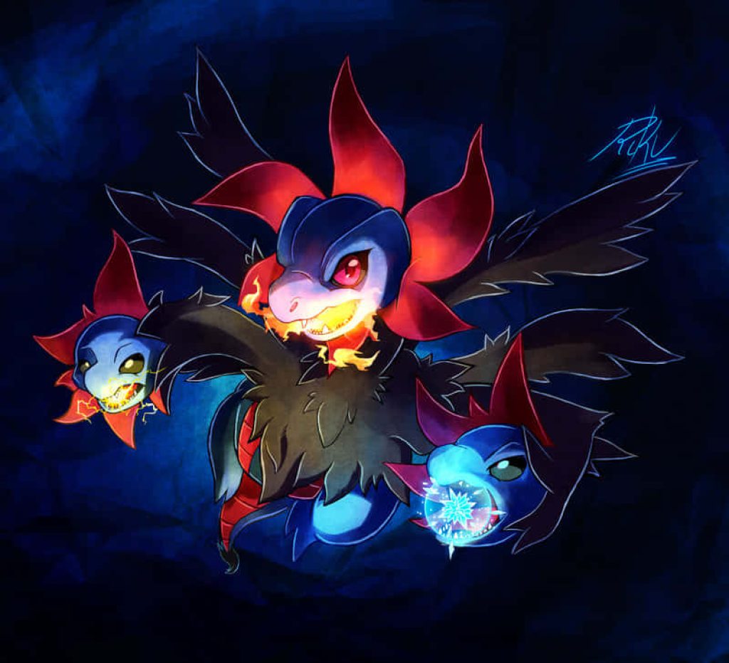Hydreigon digital art wallpaper fierce three-headed Pokémon with fire electricity and ice orb attacks