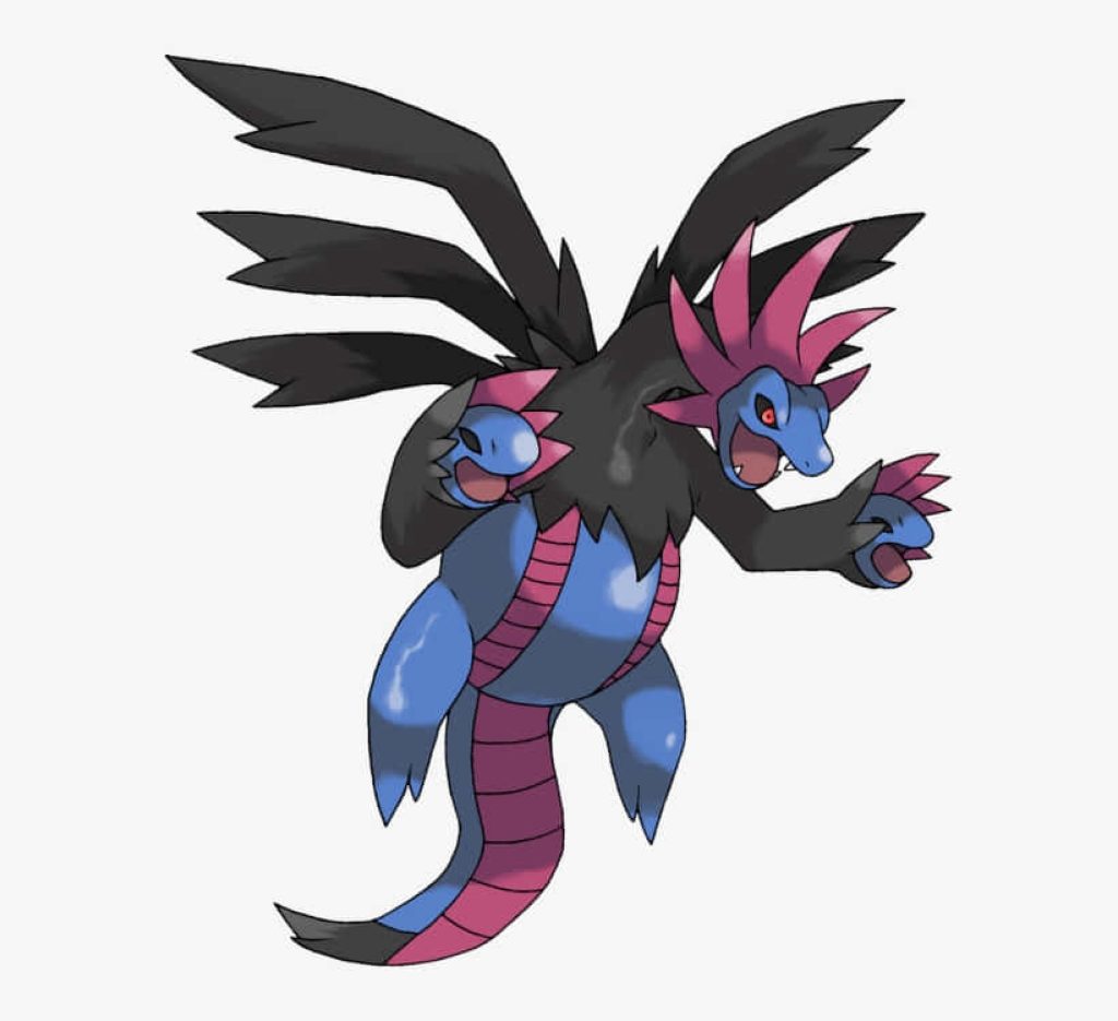 Digital illustration of Hydreigon fierce three-headed Dark Dragon Pokemon wallpaper background