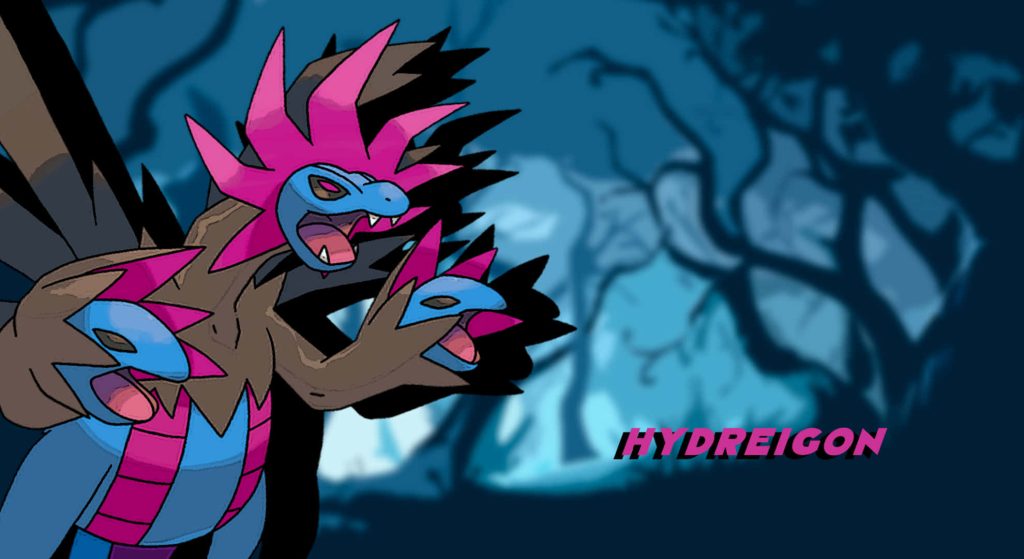 Three-headed Hydreigon fierce pose dark dragon Pokémon digital illustration wallpaper background