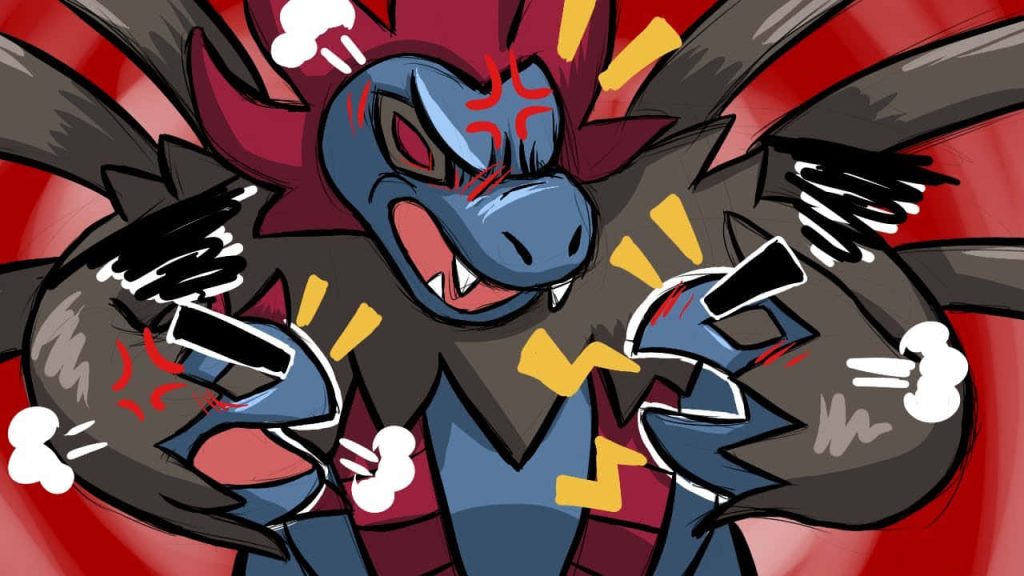 Angry Hydreigon anime wallpaper with three heads red background yellow sparks steam power energy