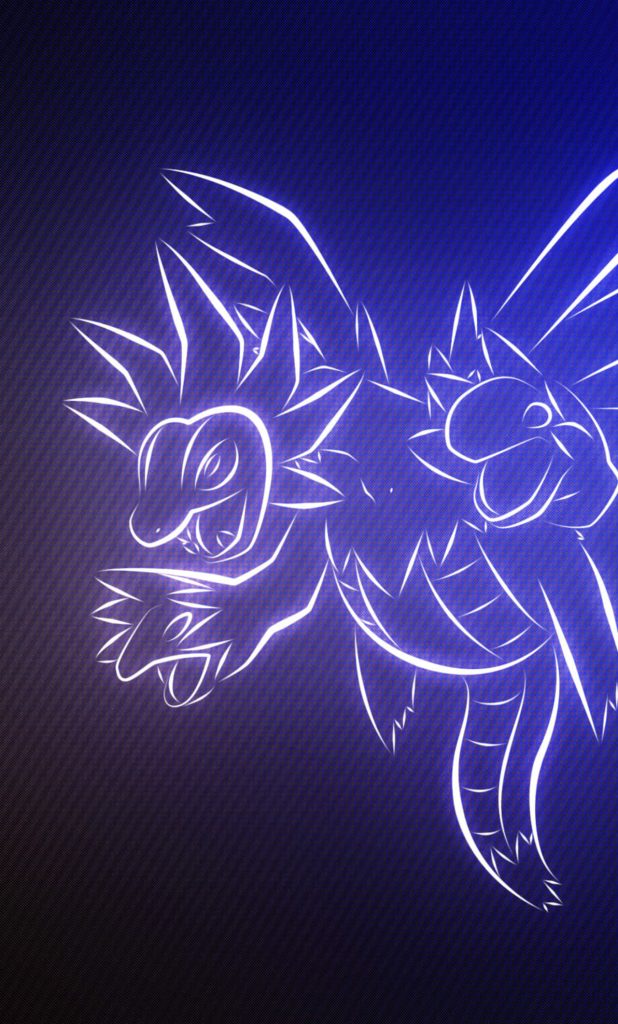 Hydreigon neon light wallpaper glowing white outline on dark purple gradient background digital art