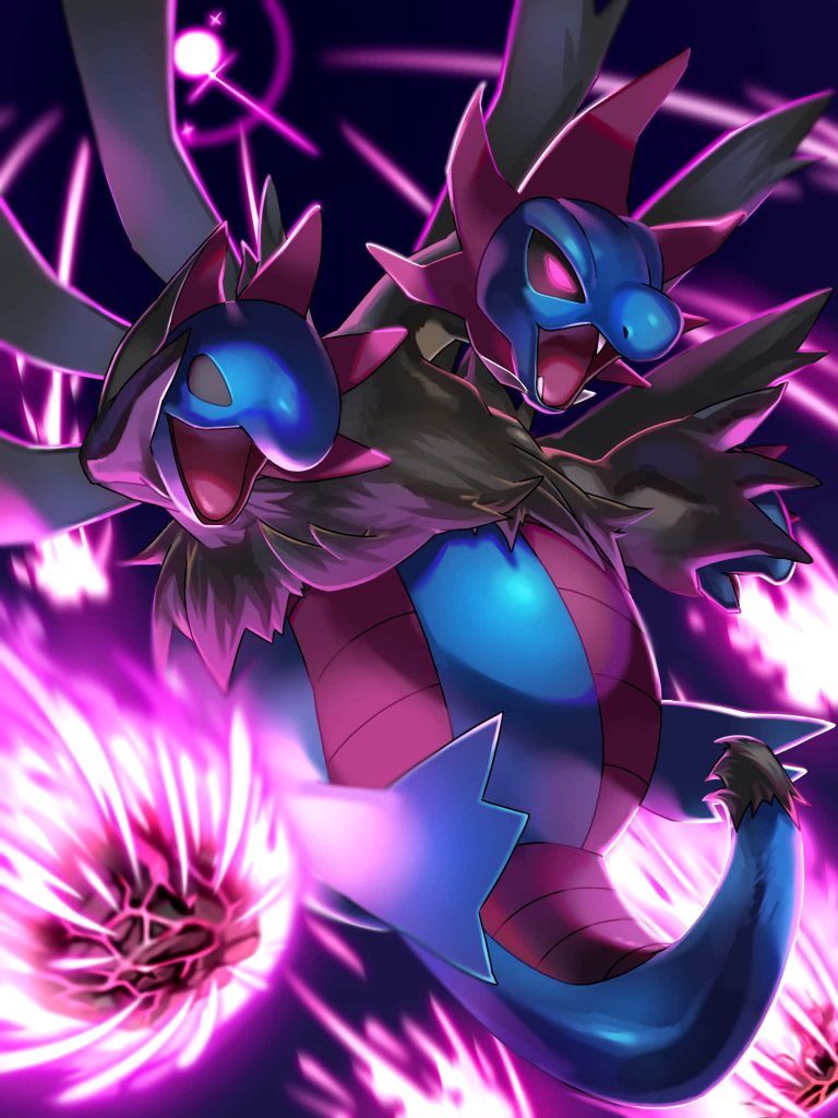 Hydreigon Pokémon digital art with three heads amid glowing pink and purple energy spheres wallpaper
