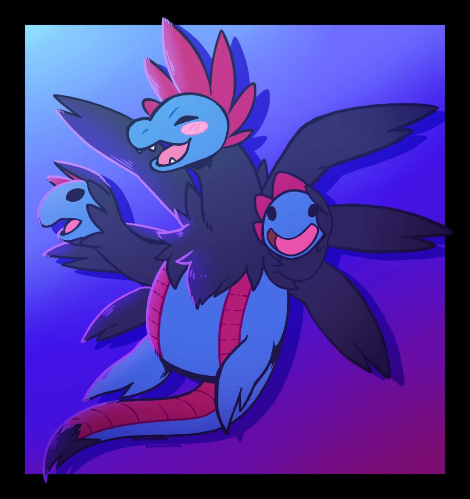 Hydreigon digital art with blushing cheeks smiling on blue purple gradient Pokémon wallpaper background