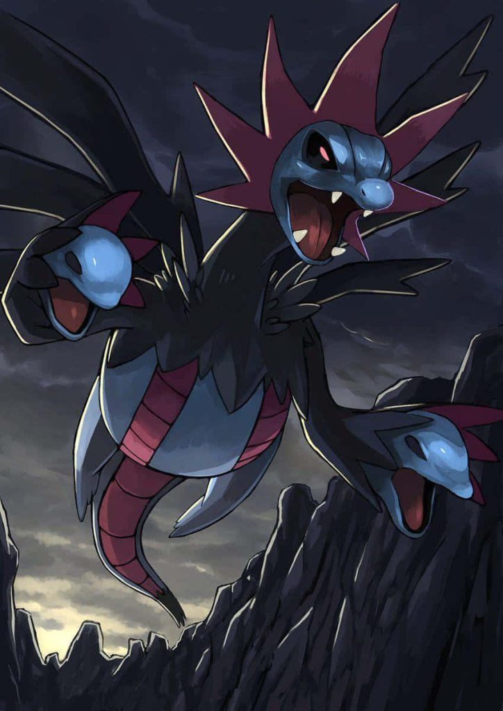 Hydreigon soaring over jagged mountains with stormy sky Dark Dragon Pokemon wallpaper background