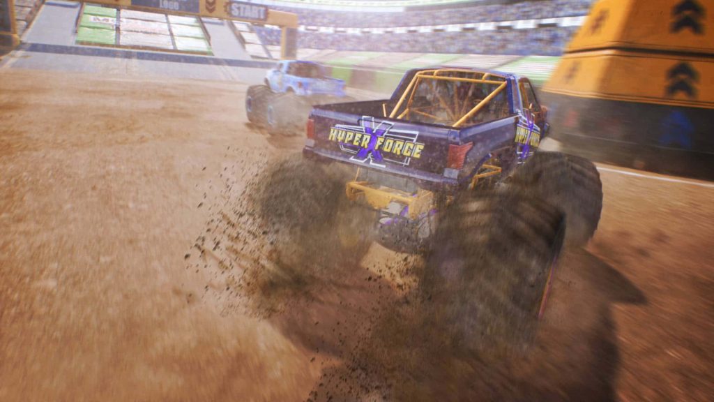Blue and yellow Hyper Force monster truck racing on dirt track with dust in stadium arena background Wallpaper
