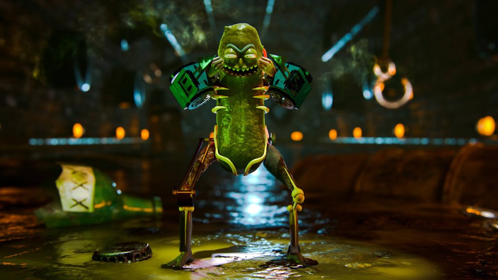 3D hyper-realistic Pickle Rick in rat-suit exoskeleton in dark grimy tunnel with industrial lighting Wallpaper