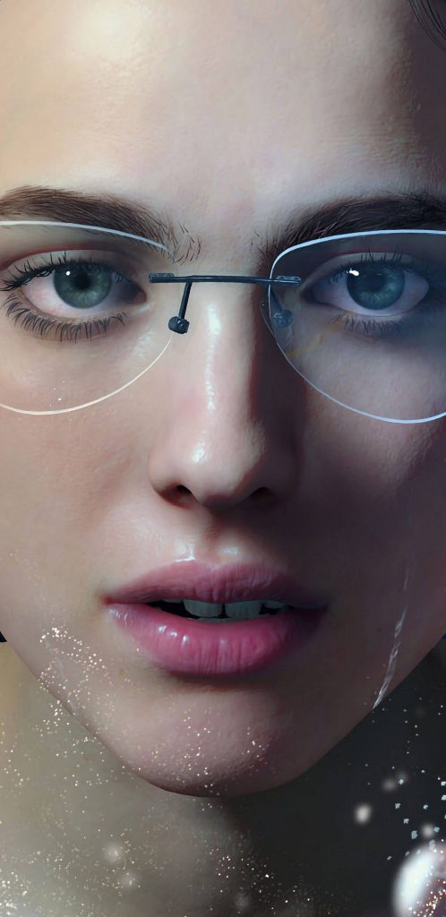 High-definition Death Stranding wallpaper close-up of Mama with glasses and glowing particles