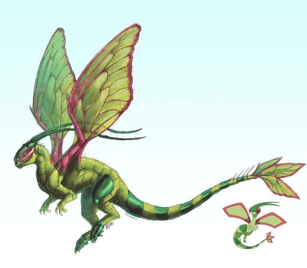 Hyper realistic Flygon digital art with detailed insect wings and vibrant scales wallpaper background