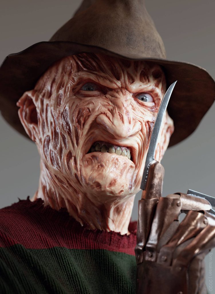 Hyper-realistic close-up of Freddy Krueger with fedora sweater and bladed glove wallpaper