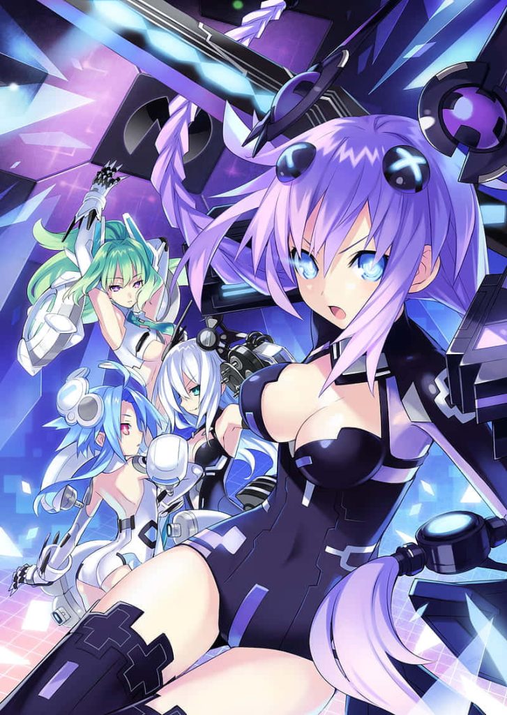 Hyperdimension Neptunia four CPUs in vibrant HDD forms with futuristic armor cybernetic backdrop Wallpaper