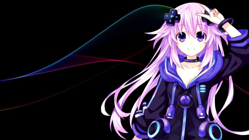 Hyperdimension Neptunia wallpaper with Neptune in black blue hoodie and neon wave background
