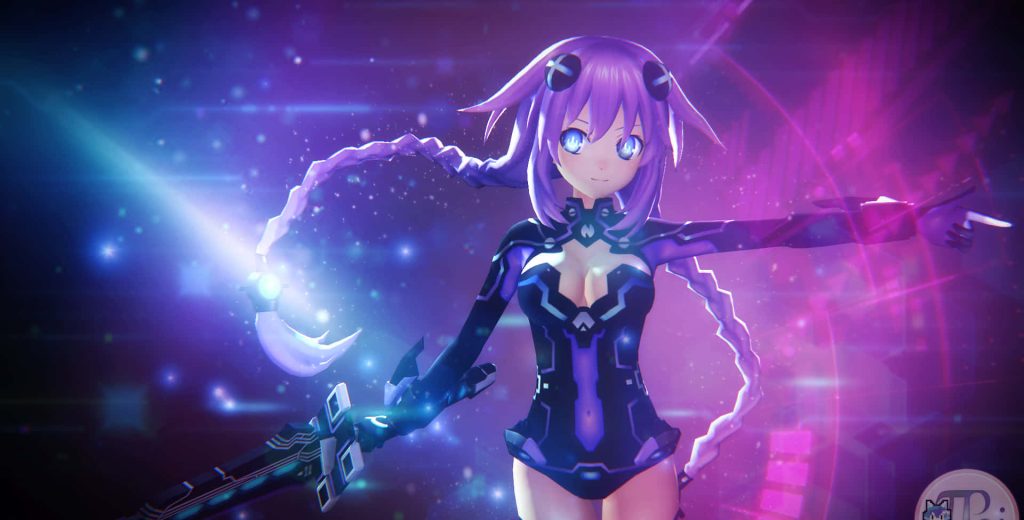 Hyperdimension Neptunia Purple Heart 3D CGI anime character with glowing sword neon cosmic background Wallpaper