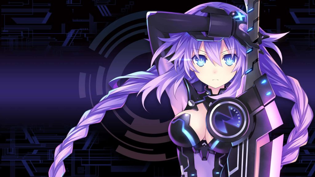 Purple Heart from Hyperdimension Neptunia in futuristic suit with glowing blue eyes wallpaper
