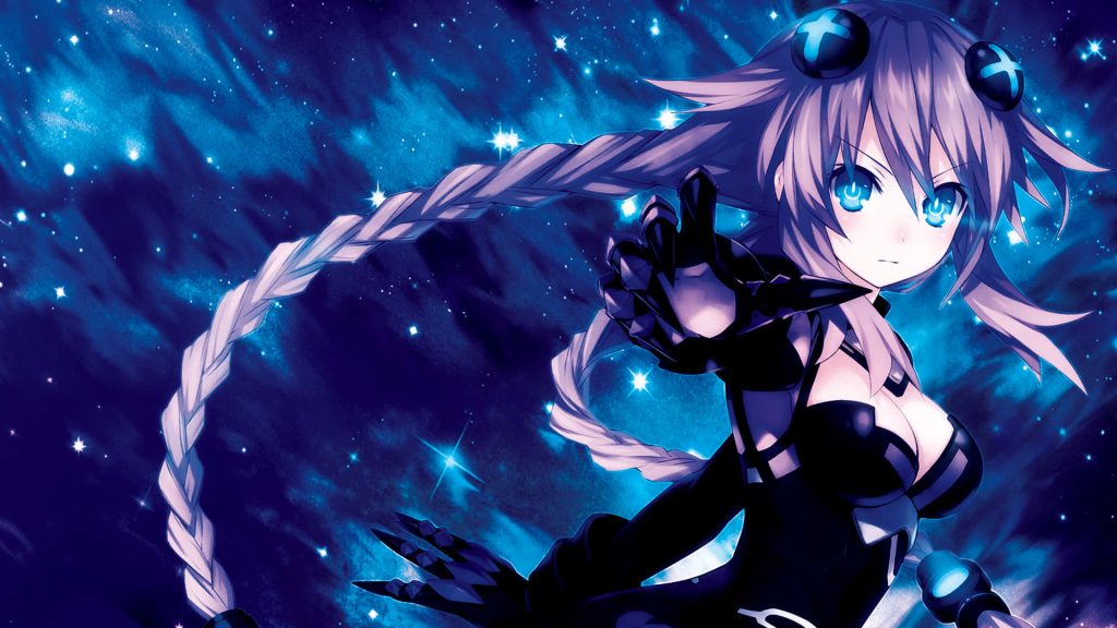 Hyperdimension Neptunia Purple Heart in HDD form with black armor glowing blue cosmic background Wallpaper