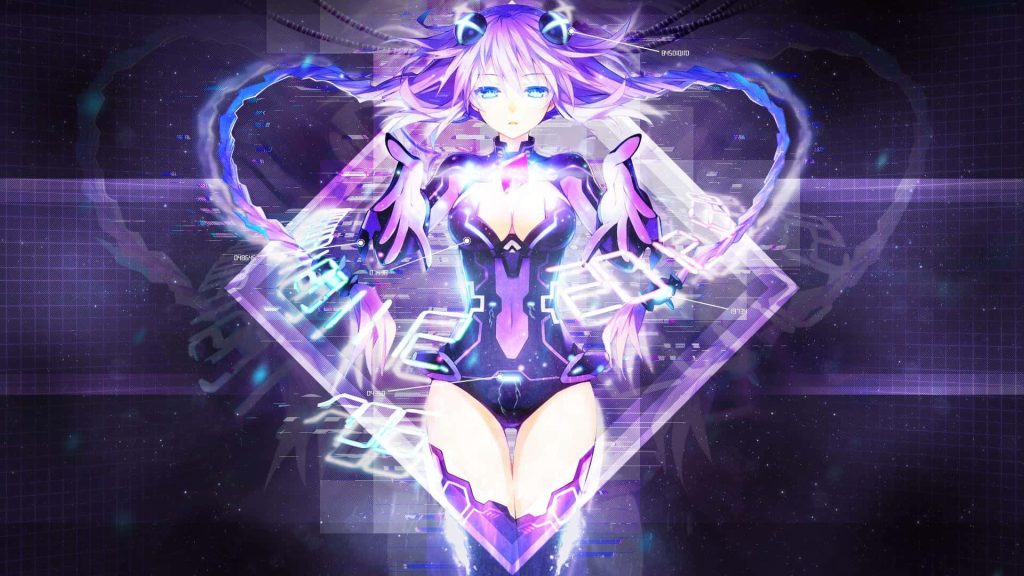 Hyperdimension Neptunia Purple Heart with glowing armor and neon digital glitch background wallpaper